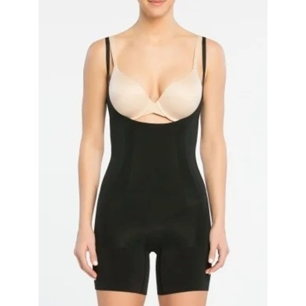 Spanx OnCore Open-Bust Mid-Thigh Bodysuit Womens Size 1X Black Shapewear Shaper